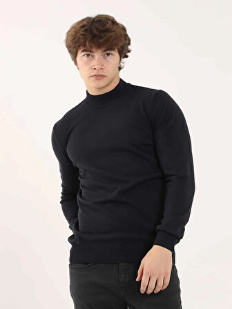 Dufy Lacivert Erkek Slim Fit Düz Klasik Yarım Balıkçı Yaka Kazak - 91097