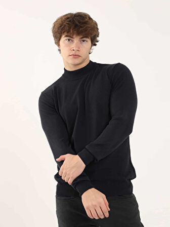 Dufy Lacivert Erkek Slim Fit Düz Klasik Yarım Balıkçı Yaka Kazak - 91097