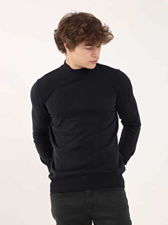 Dufy Lacivert Erkek Slim Fit Düz Klasik Yarım Balıkçı Yaka Kazak - 91097