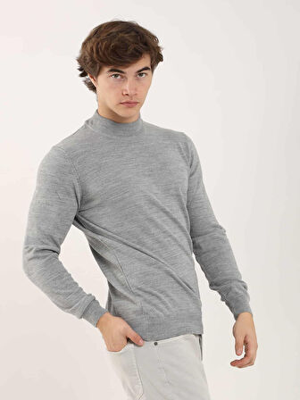 Dufy Gri Melanj Erkek Slim Fit Düz Klasik Yarım Balıkçı Yaka Kazak - 91112