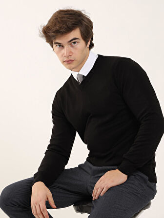 Dufy Siyah Erkek Slim Fit Düz Klasik V Yaka Kazak - 91127