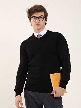 Dufy Siyah Erkek Slim Fit Düz Klasik V Yaka Kazak - 91127