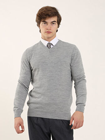 Dufy Gri Melanj Erkek Slim Fit Düz Klasik V Yaka Kazak - 91132
