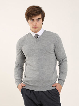 Dufy Gri Melanj Erkek Slim Fit Düz Klasik V Yaka Kazak - 91132