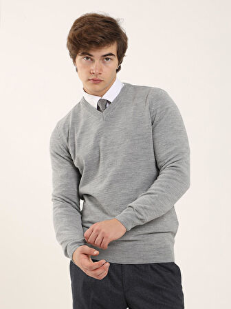 Dufy Gri Melanj Erkek Slim Fit Düz Klasik V Yaka Kazak - 91132