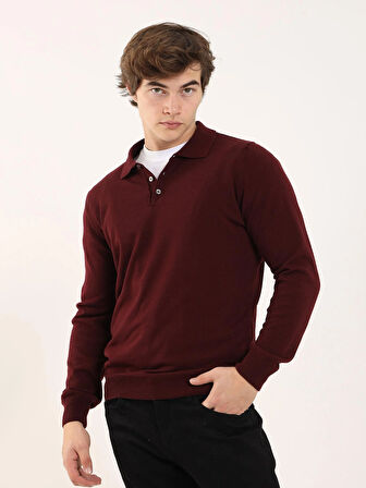 Dufy Bordo Erkek Slim Fit Düz Klasik Polo Yaka Kazak - 91137