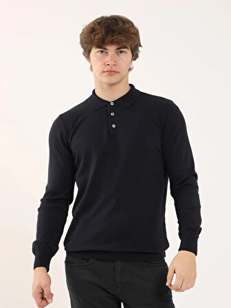 Dufy Lacivert Erkek Slim Fit Düz Klasik Polo Yaka Kazak - 91142