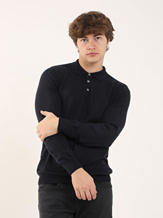 Dufy Lacivert Erkek Slim Fit Düz Klasik Polo Yaka Kazak - 91142