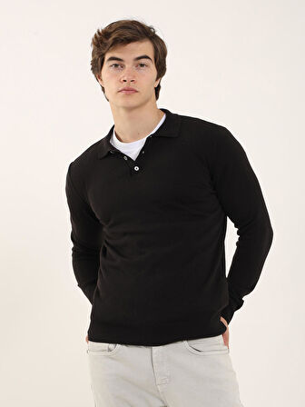 Dufy Siyah Erkek Slim Fit Düz Klasik Polo Yaka Kazak - 91147