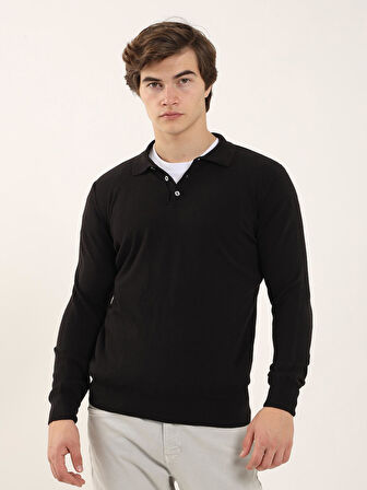 Dufy Siyah Erkek Slim Fit Düz Klasik Polo Yaka Kazak - 91147