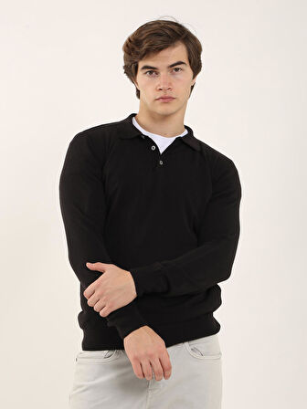 Dufy Siyah Erkek Slim Fit Düz Klasik Polo Yaka Kazak - 91147