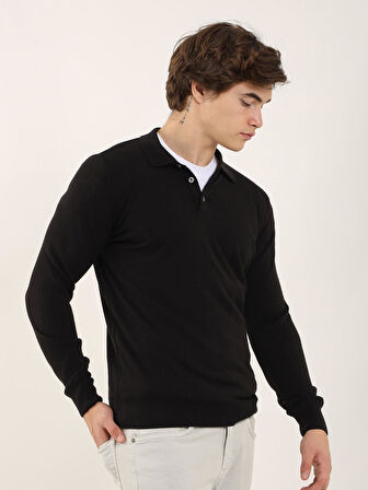 Dufy Siyah Erkek Slim Fit Düz Klasik Polo Yaka Kazak - 91147