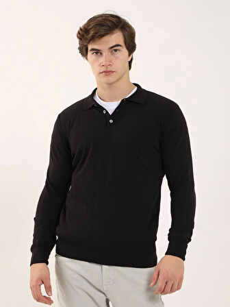 Dufy Siyah Erkek Slim Fit Düz Klasik Polo Yaka Kazak - 91147