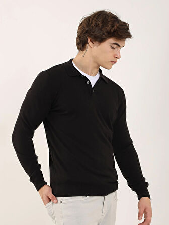 Dufy Siyah Erkek Slim Fit Düz Klasik Polo Yaka Kazak - 91147