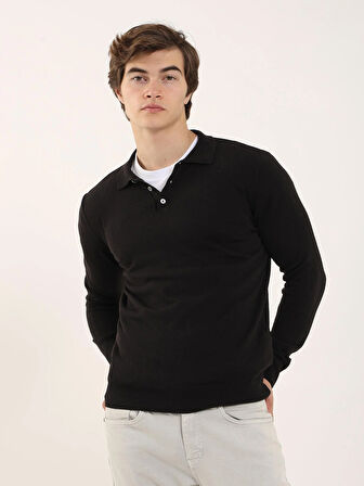 Dufy Siyah Erkek Slim Fit Düz Klasik Polo Yaka Kazak - 91147