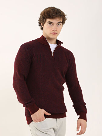 Dufy Bordo Erkek Regular Fit Dokulu Fermuarlı Dik Yaka Kazak - 91157