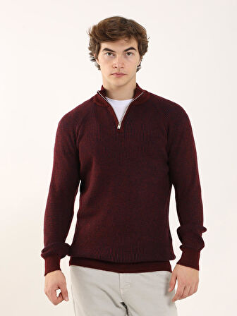 Dufy Bordo Erkek Regular Fit Dokulu Fermuarlı Dik Yaka Kazak - 91157