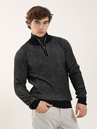 Dufy Siyah Erkek Regular Fit Dokulu Fermuarlı Dik Yaka Kazak - 91167