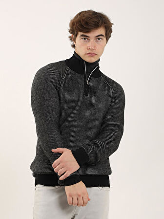 Dufy Siyah Erkek Regular Fit Dokulu Fermuarlı Dik Yaka Kazak - 91167