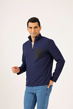 Dufy Lacivert Erkek Regular Fit Baskılı Fermuarlı Dik Yaka  Sweatshirt - 91849
