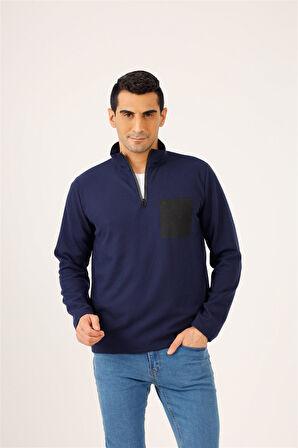 Dufy Lacivert Erkek Regular Fit Baskılı Fermuarlı Dik Yaka  Sweatshirt - 91849