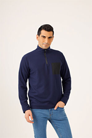 Dufy Lacivert Erkek Regular Fit Baskılı Fermuarlı Dik Yaka  Sweatshirt - 91849