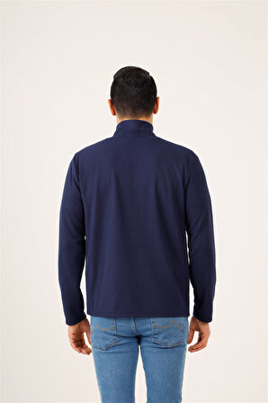 Dufy Lacivert Erkek Regular Fit Baskılı Fermuarlı Dik Yaka  Sweatshirt - 91849