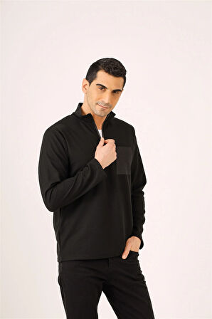 Dufy Siyah Erkek Regular Fit Baskılı Fermuarlı Dik Yaka  Sweatshirt - 91854