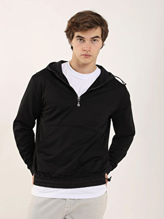 Dufy Siyah Erkek Regular Fit Düz Fermuarlı Kapüşonlu   Sweatshirt - 91874