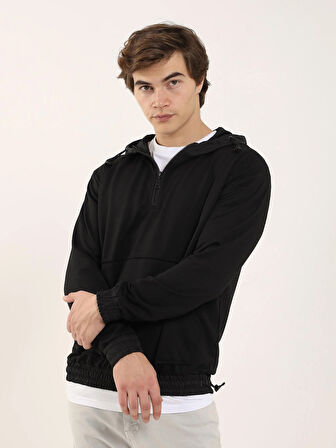Dufy Siyah Erkek Regular Fit Düz Fermuarlı Kapüşonlu   Sweatshirt - 91874