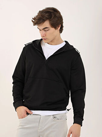 Dufy Siyah Erkek Regular Fit Düz Fermuarlı Kapüşonlu   Sweatshirt - 91874