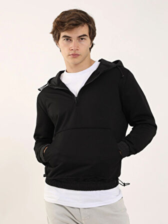 Dufy Siyah Erkek Regular Fit Düz Fermuarlı Kapüşonlu   Sweatshirt - 91874