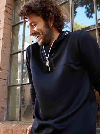 Dufy Siyah Erkek Regular Fit Düz Fermuarlı Kapüşonlu   Sweatshirt - 91884