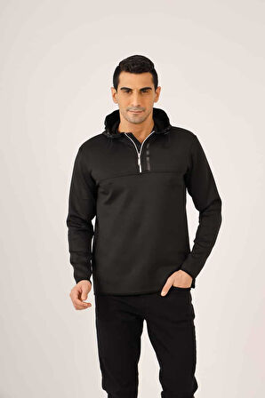 Dufy Siyah Erkek Regular Fit Düz Fermuarlı Kapüşonlu   Sweatshirt - 91884