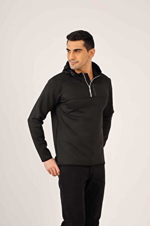 Dufy Siyah Erkek Regular Fit Düz Fermuarlı Kapüşonlu   Sweatshirt - 91884