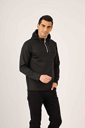 Dufy Siyah Erkek Regular Fit Düz Fermuarlı Kapüşonlu   Sweatshirt - 91884