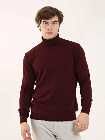 Dufy Bordo Erkek Slim Fit Düz Klasik Tam Balıkçı Yaka Kazak - 91062