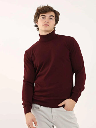 Dufy Bordo Erkek Slim Fit Düz Klasik Tam Balıkçı Yaka Kazak - 91062