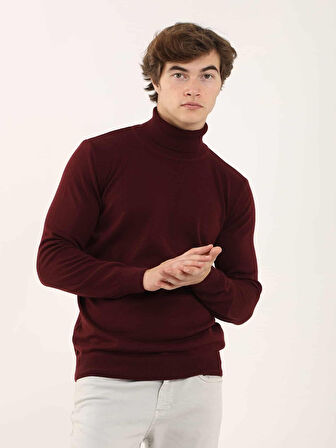 Dufy Bordo Erkek Slim Fit Düz Klasik Tam Balıkçı Yaka Kazak - 91062