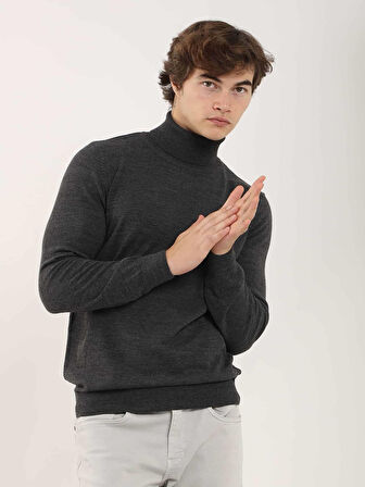 Dufy Antrasit Erkek Slim Fit Düz Klasik Tam Balıkçı Yaka Kazak - 91082
