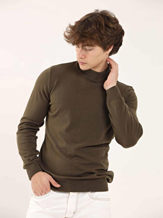 Dufy Haki Erkek Slim Fit Düz Klasik Yarım Balıkçı Yaka Kazak - 91087