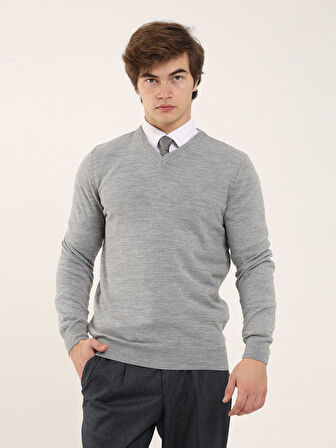 Dufy Gri Melanj Erkek Slim Fit Düz Klasik V Yaka Kazak - 91132