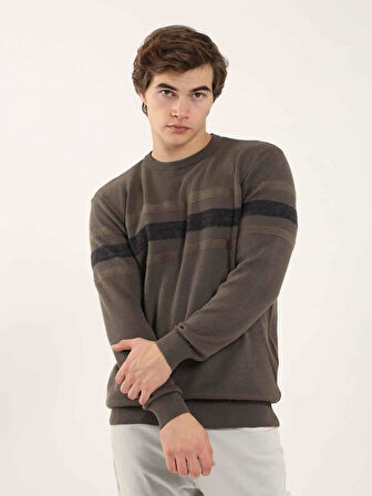 Dufy Haki Erkek Slim Fit Çizgili Bisiklet Yaka Kazak - 90599