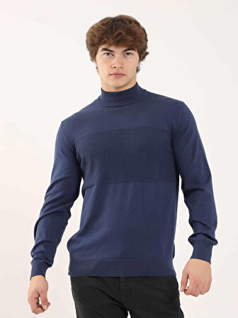 Dufy İndigo Erkek Regular Fit Desenli Dik Yaka Kazak - 90634