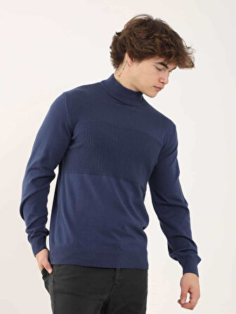 Dufy İndigo Erkek Regular Fit Desenli Dik Yaka Kazak - 90634