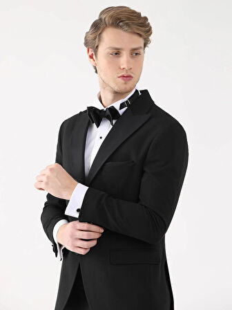 Dufy Siyah Erkek Slim Fit Düz Sivri Yaka Smokin Takım - 92409
