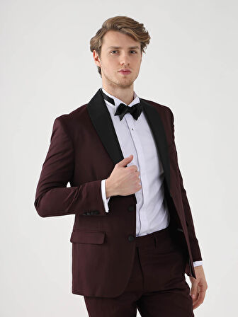 Dufy Bordo Erkek Slim Fit Düz Sivri Yaka Smokin Takım - 92433