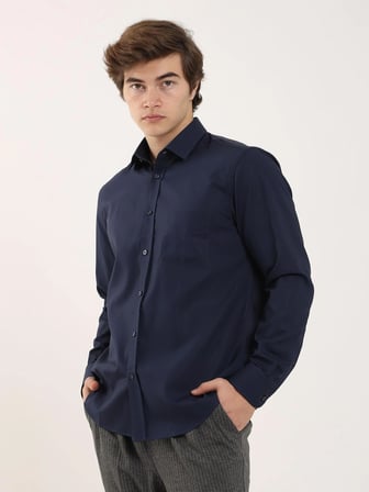 Dufy Lacivert Erkek Regular Fit Klasik Yaka Uzun Kol Gömlek - 92838