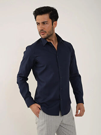 Dufy Lacivert Erkek Slim Fit Düz Klasik Yaka Uzun Kol Gömlek - 92858