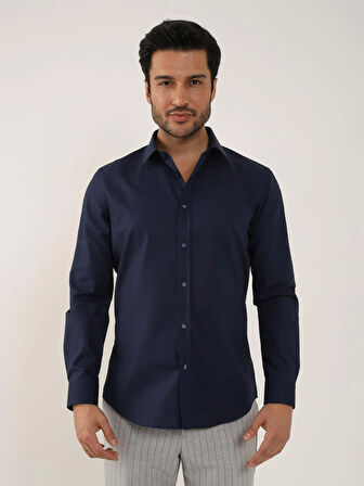 Dufy Lacivert Erkek Slim Fit Düz Klasik Yaka Uzun Kol Gömlek - 92858